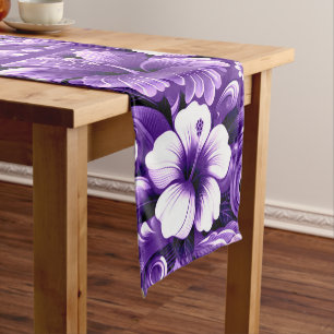 Tropical Hawaiian Flowers Hibiscus Purple Pattern Short Table Runner