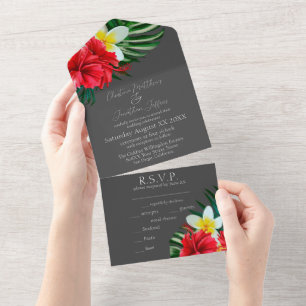 Tropical Hawaiian Flowers on Elegant Grau All In One Invitation