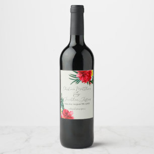 Tropical Hawaiian Flowers on Elegant Sage Wedding Wine Label