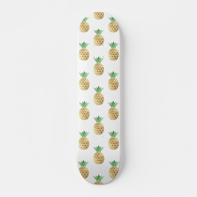 Tropical Hawaiian Gold Foil Pineapple Pattern Skateboard (Front)