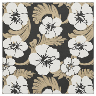 Tropical Hawaiian Hibiscus Floral Khaki Black Fabric