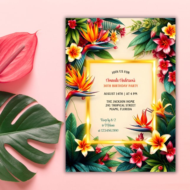 Tropical Hawaiian Hibiscus Flowers Birthday Party Invitation (Tropical Hawaiian Birthday Party Invitation with Hibiscus Flowers and Palm Leaves)