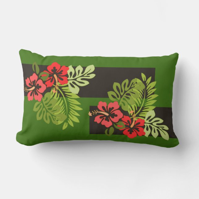 Tropical Hawaiian Hibiscus Flowers Colourful Strip Lumbar Cushion (Front)