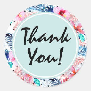 Tropical Hawaiian Hibiscus & Palm Leaf Thank You Classic Round Sticker