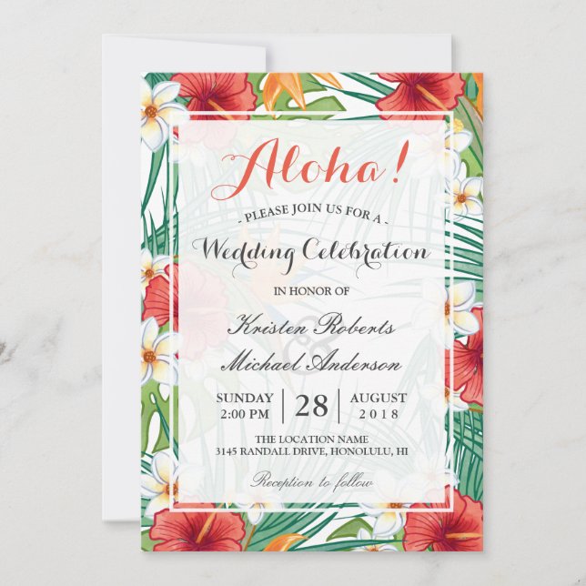 Tropical Hawaiian Hibiscus Wedding Celebration Invitation (Front)