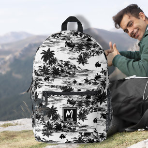 Tropical Hawaiian Island Black & White Monogram Printed Backpack