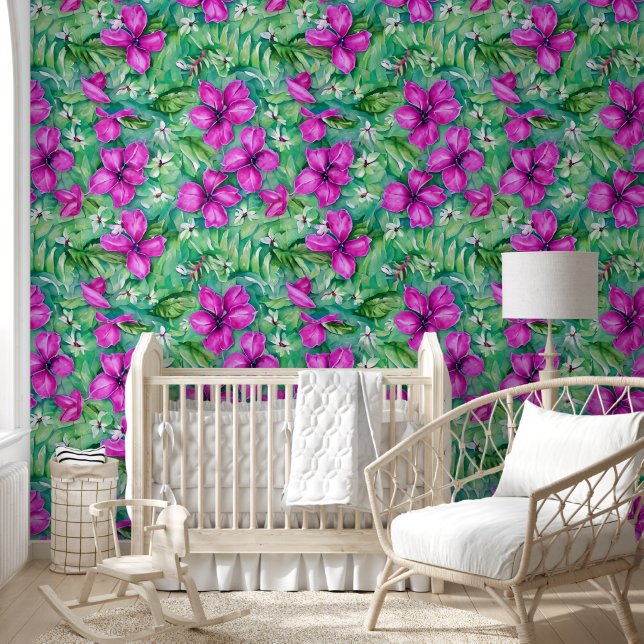 Tropical hawaiian island flowers coastal chic wallpaper (Kids)