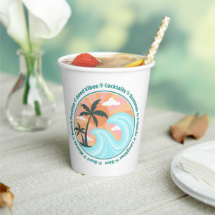 Tropical Hawaiian Island Palm Trees Good Vibes Paper Cups