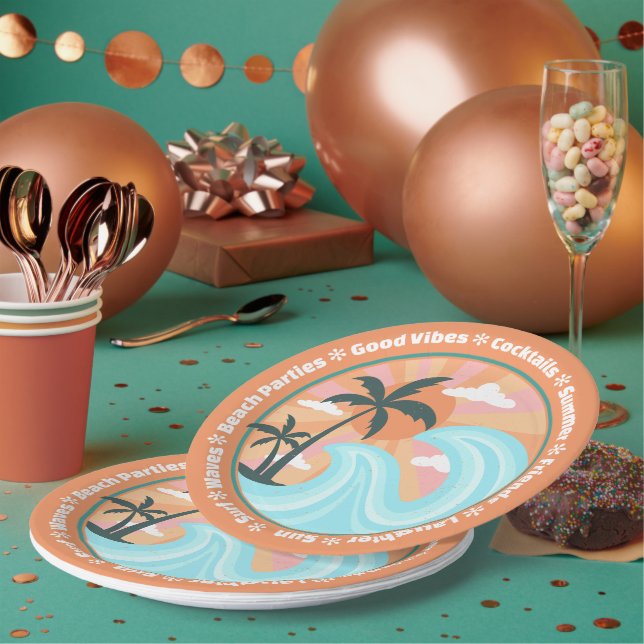 Tropical Hawaiian Island Palm Trees Good Vibes Paper Plate (Multi)