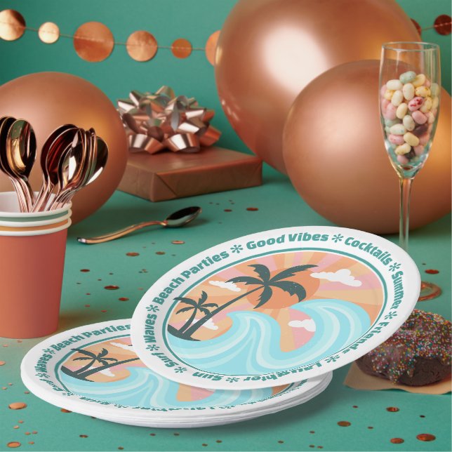 Tropical Hawaiian Island Palm Trees Good Vibes Paper Plate (Multi)