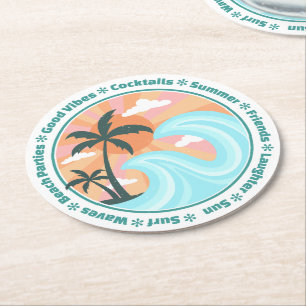Tropical Hawaiian Island Palm Trees Good Vibes Round Paper Coaster