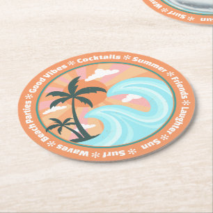 Tropical Hawaiian Island Palm Trees Good Vibes Round Paper Coaster