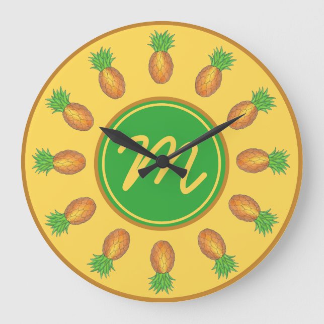 Tropical Hawaiian Island Pineapple Beach Initial Large Clock (Front)