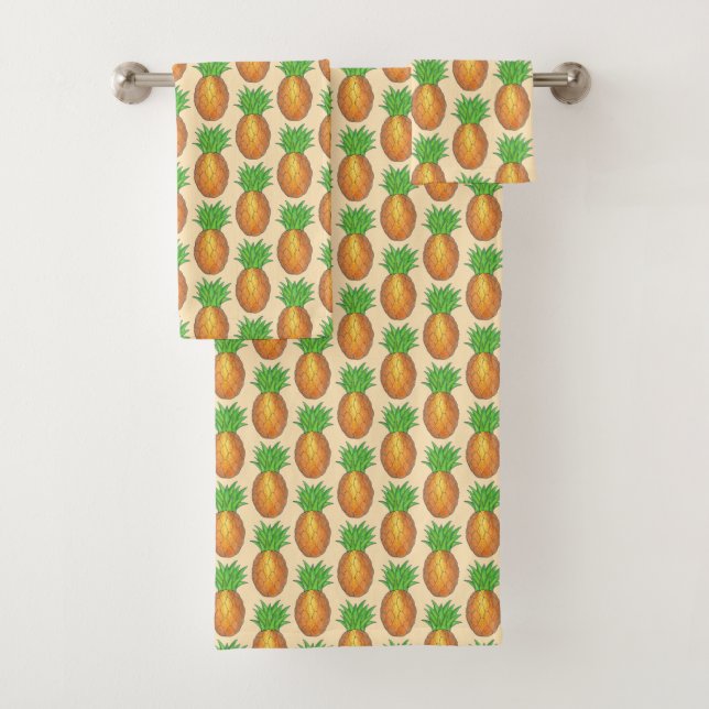 Tropical Hawaiian Island Pineapple Fruit Print Bath Towel Set (Insitu)