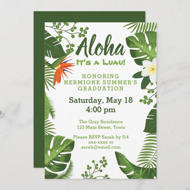 Tropical Hawaiian Luau Graduation Party Invite (Front/Back)