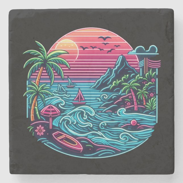 Tropical/Hawaiian neon beach Stone Coaster (Front)