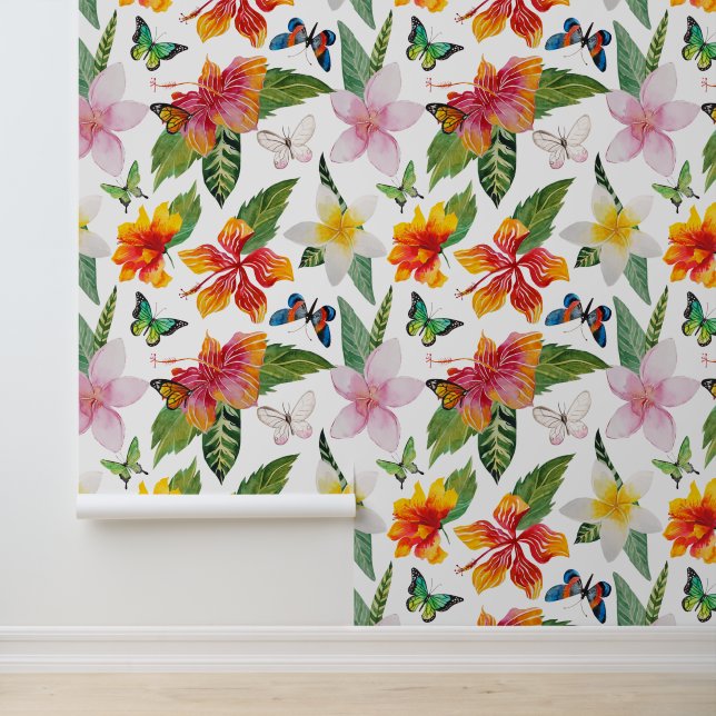 Tropical,Hawaiian Pattern w. Floral & Butterflies Wallpaper (Application)