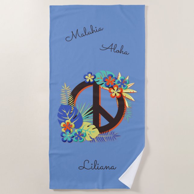 Tropical Hawaiian Peace Love Name Blue Beach Towel (Front)