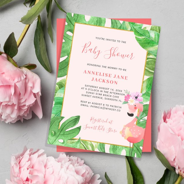 Tropical Hawaiian pink flamingo girl baby shower Invitation (Creator Uploaded)