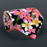 Tropical Hawaiian Plumeria Flowers on Black Tie<br><div class="desc">Make a statement! A modern pattern of hot pink, yellow and white exotic tropical Hawaiian plumeria flowers on black background, this men's neck tie is cool for the office, a night on the town, attending a wedding, your own wedding ceremony, for the groom or groomsmen or give as a gift...</div>