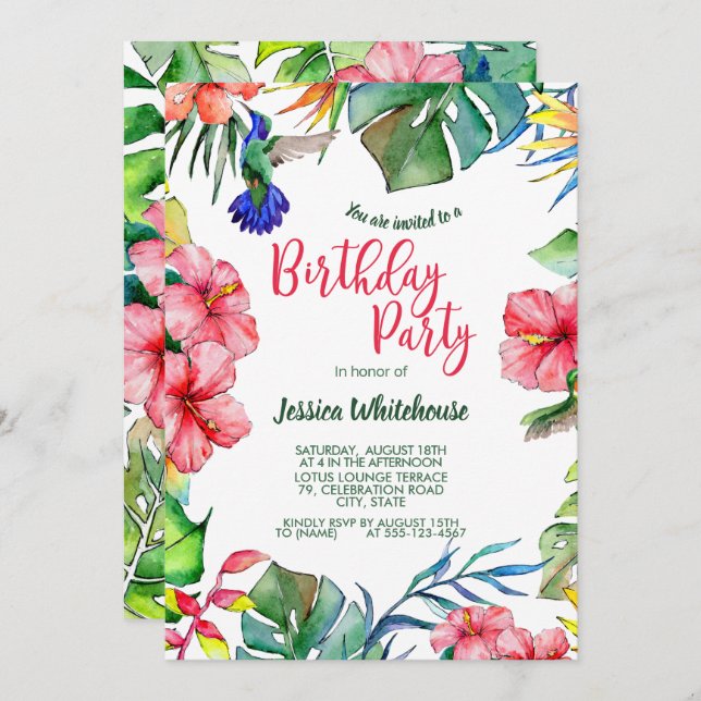 Tropical Hawaiian Watercolor Floral Birthday Invitation (Front/Back)