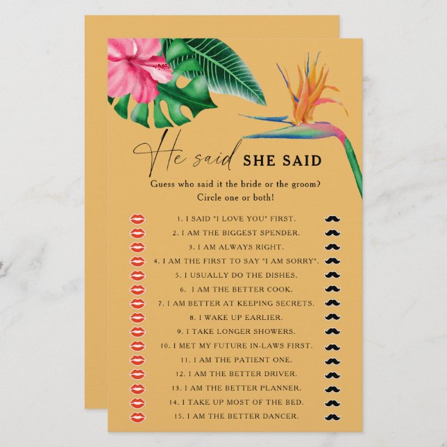 Tropical - He said she said bridal shower game (Front/Back)