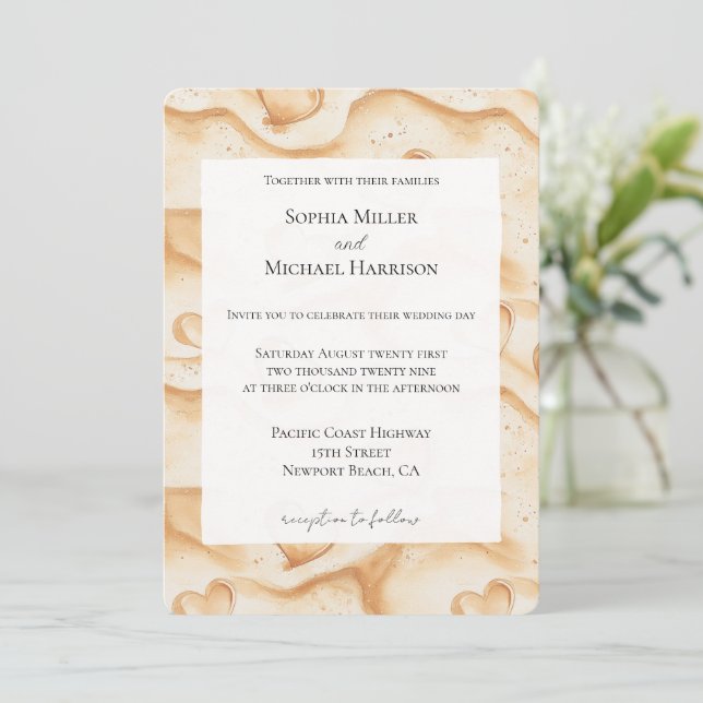 Tropical Hearts in Sand Wedding Invitation (Standing Front)