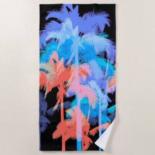 Tropical Heat Wave Neon Hawaiian Palm Trees -Black Beach Towel