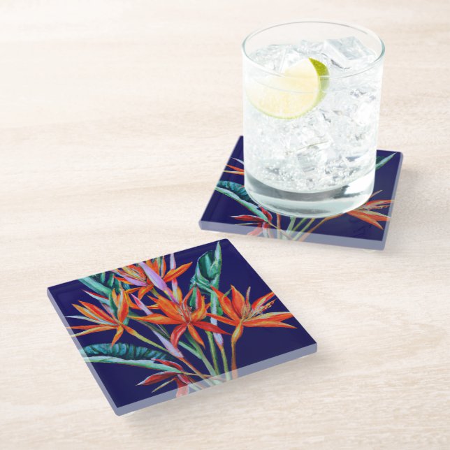 Tropical Heliconia on blue glass coasters (Angled)