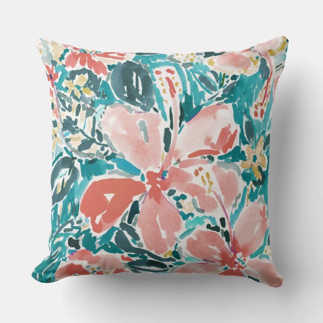 Tropical Hello Hibiscus Watercolor Floral Pattern Cushion (Front)