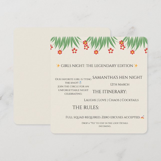 Tropical Hen Night Invitation – Fun Palm Leaf & Fl (Front/Back)