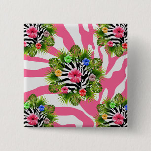Tropical hibiscus and exotic pink zebra stripes 15 cm square badge