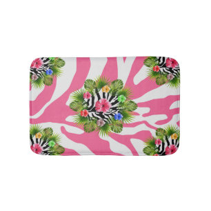 Tropical hibiscus and exotic pink zebra stripes bath mat