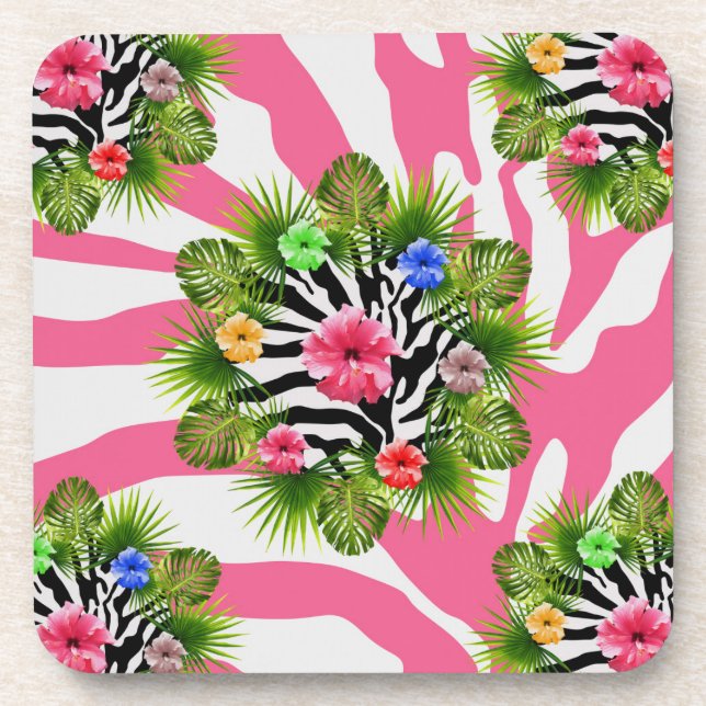 Tropical hibiscus and exotic pink zebra stripes coaster (Front)
