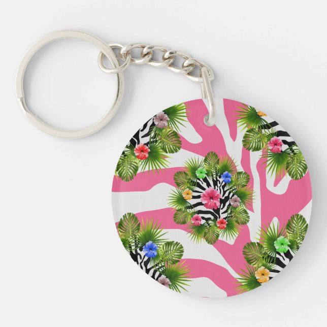 Tropical hibiscus and exotic pink zebra stripes key ring (Front)