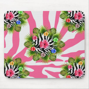 Tropical hibiscus and exotic pink zebra stripes mouse pad