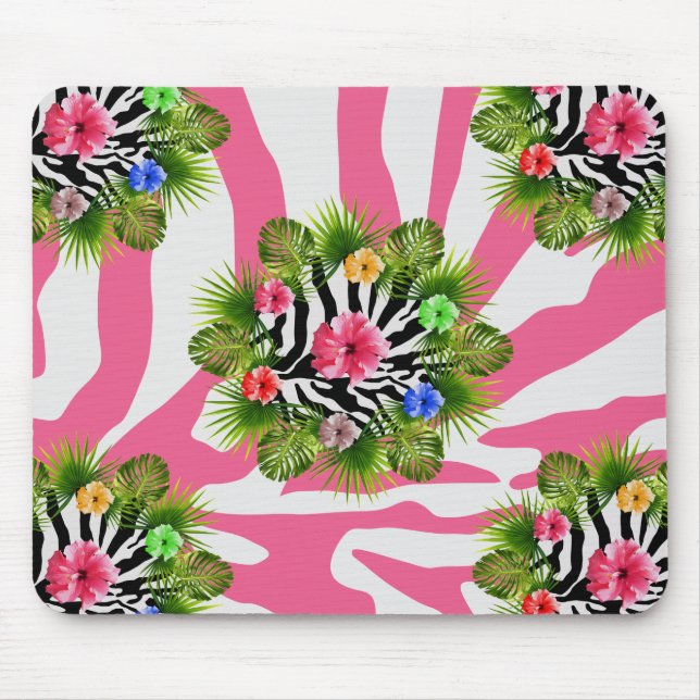 Tropical hibiscus and exotic pink zebra stripes mouse pad (Front)
