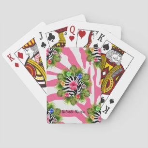 Tropical hibiscus and exotic pink zebra stripes playing cards