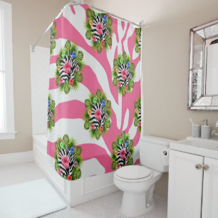 Tropical hibiscus and exotic pink zebra stripes shower curtain