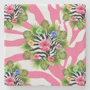 Tropical hibiscus and exotic pink zebra stripes stone coaster