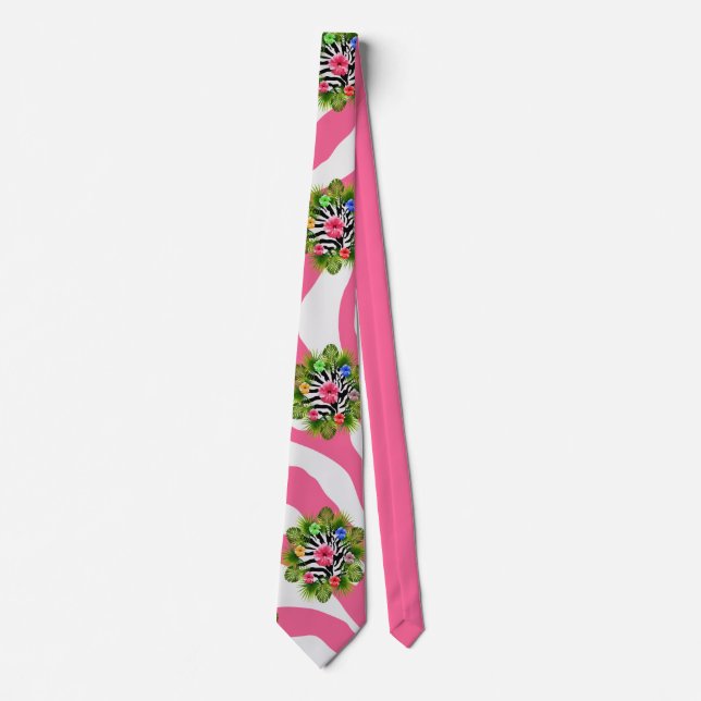 Tropical hibiscus and exotic pink zebra stripes tie (Front)