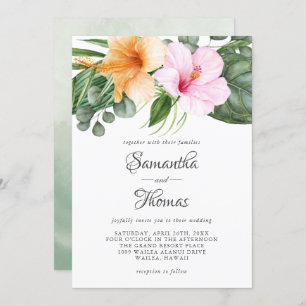 Tropical Hibiscus and Foliage Watercolor Floral Invitation