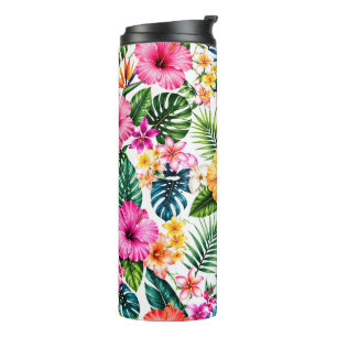Tropical Hibiscus and Monstera Floral Pattern Thermal Tumbler