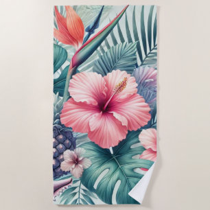 Tropical Hibiscus and Palm Design Beach Towel