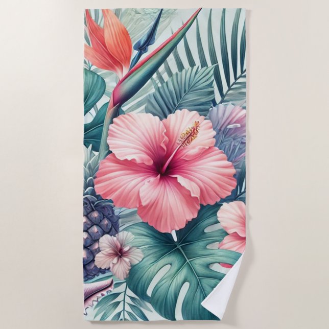Tropical Hibiscus and Palm Design Beach Towel (Front)