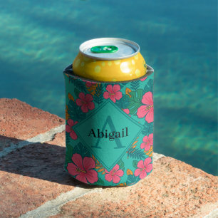 Tropical Hibiscus and Palm Leaf Pattern Can Cooler
