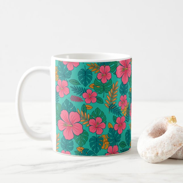 Tropical Hibiscus and Palm Leaf Pattern  Coffee Mug (With Donut)