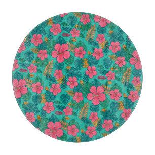Tropical Hibiscus and Palm Leaf Pattern Cutting Board