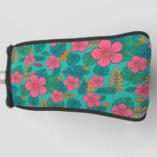 Tropical Hibiscus and Palm Leaf Pattern Golf Head Cover
