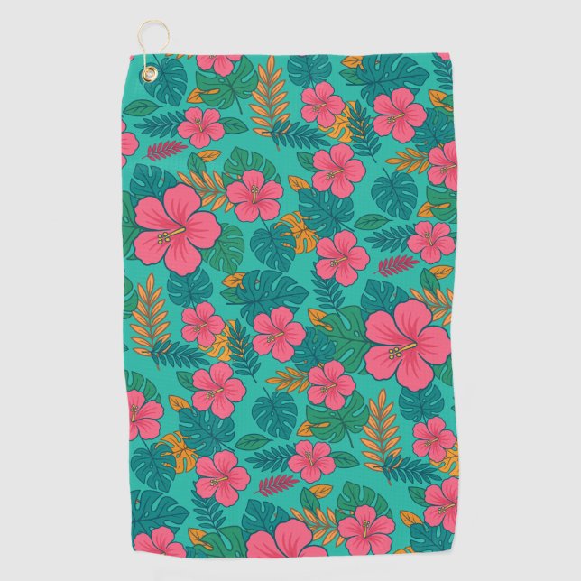 Tropical Hibiscus and Palm Leaf Pattern  Golf Towel (Front)
